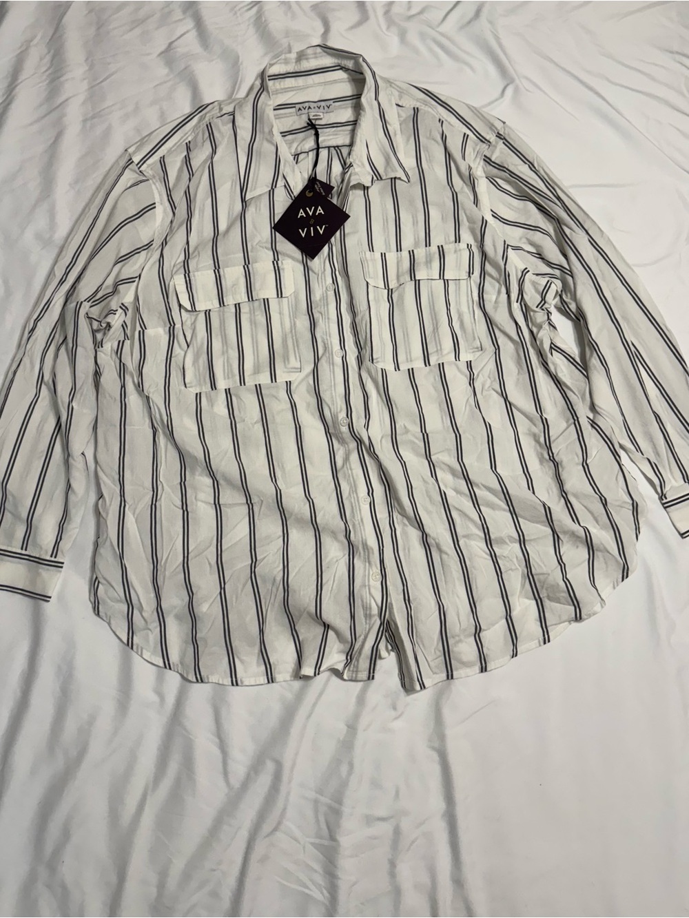 Ava & Viv White Button-Down Shirt with Navy Stripes